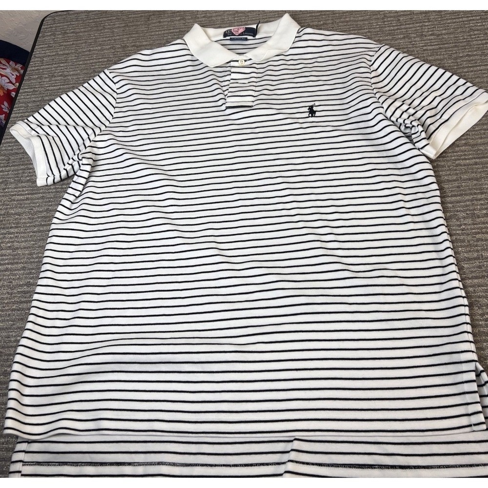Polo Ralph‎ Lauren Shirt Mens Large Custom Fit Striped Cotton White Navy Blue - Picture 2 of 8